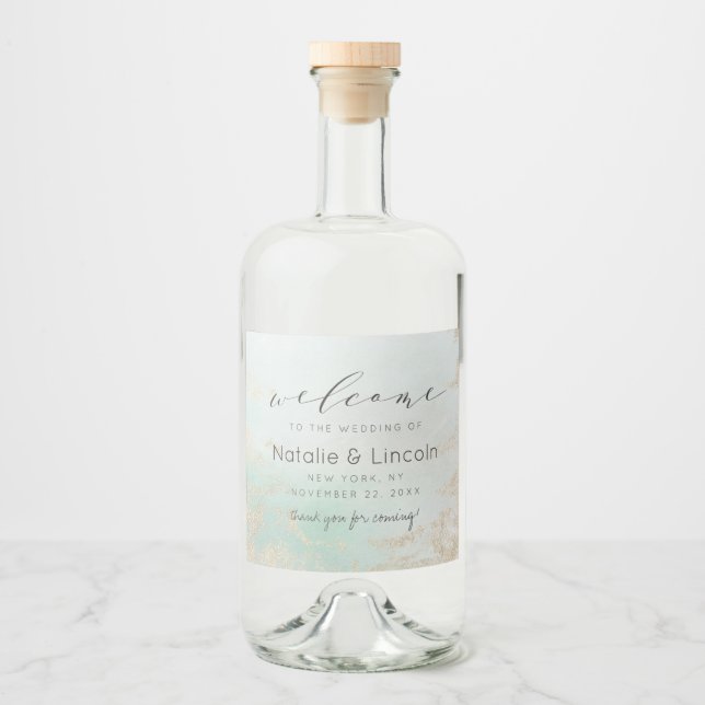 Abstrakt Aqua Ombre Fade med frostad Guld Glitter Spritflaskor Etikett (Framsida)