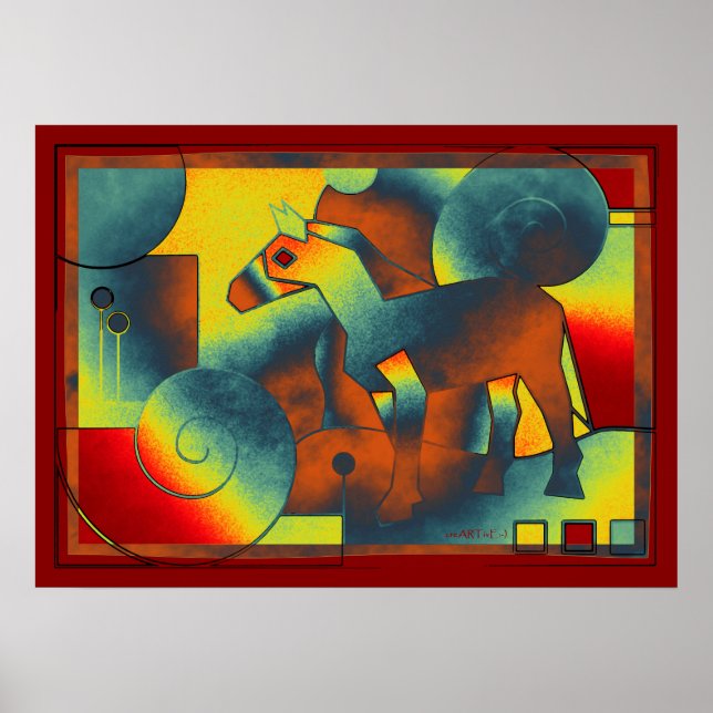 Abstrakt ART - A HORSE - blå röd gult Poster (Framsidan)