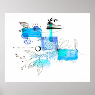 Abstrakt Art Black Blommigt Blue och Grått Poster