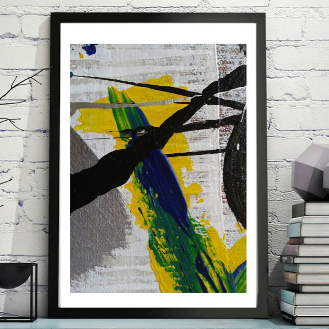 Abstrakt Art Black Gult Blue Grått Painting Poster (Art viewed in a frame example.)