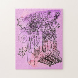 Abstrakt Art Blommigt Lila Orange Pen och Bläck Pussel