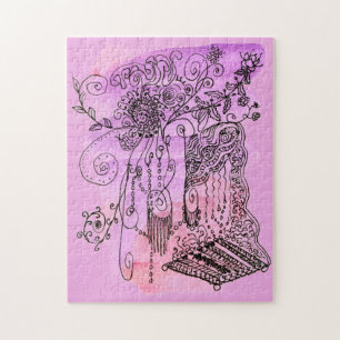 Abstrakt Art Blommigt Lila Orange Pen och Bläck Pussel