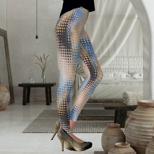 Abstrakt Art Blue Grått Beige Mönster Leggings (Leggings featuring an abstract tech industrial design with dots in blue, grey and beige.)