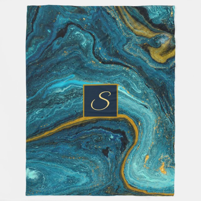 Abstrakt Art Blue Grönt Guld Dust Monogram Marble Fleecefilt (Framsidan)
