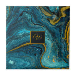 Abstrakt Art Blue Grönt Guld Dust Monogram Marble Kakelplatta