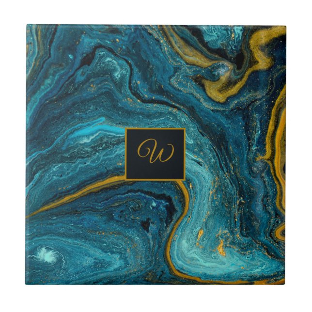 Abstrakt Art Blue Grönt Guld Dust Monogram Marble Kakelplatta (Framsidan)