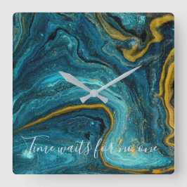 Abstrakt Art Blue Grönt Guld Marble Fyrkantig Klocka
