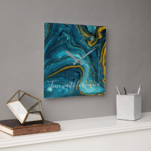 Abstrakt Art Blue Grönt Guld Marble Fyrkantig Klocka