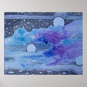 Abstrakt Art Blue Måne Rosa och Grått Poster
