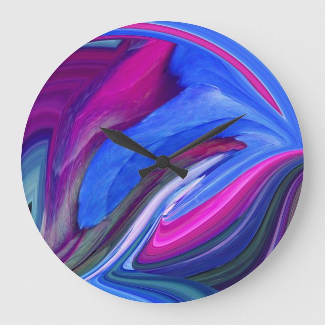 Abstrakt Art Blue N Rosa Löv Clock Stor Klocka (Framsida)