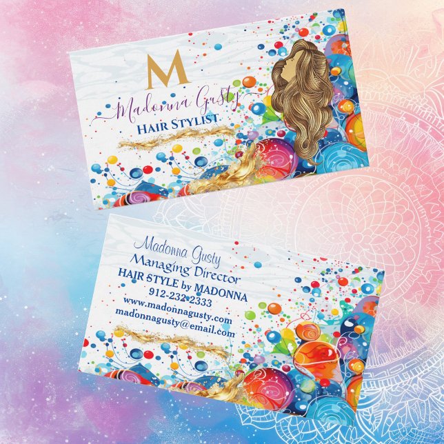 Abstrakt Art Bubbles Golden Monogram Hair Stylist Visitkort (Abstract Art Bubbles Golden Monogram Hair Stylist Business Card)