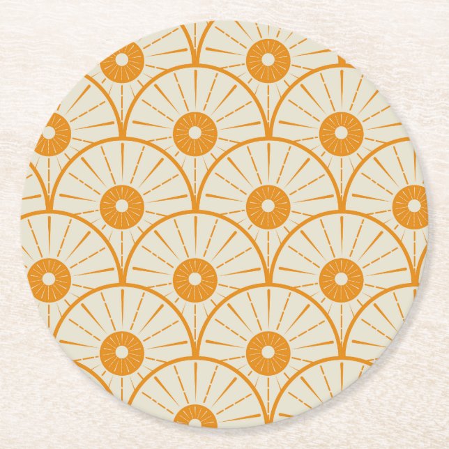 Abstrakt Art Deco solmönster Orange Underlägg Papper Rund (Framsidan)