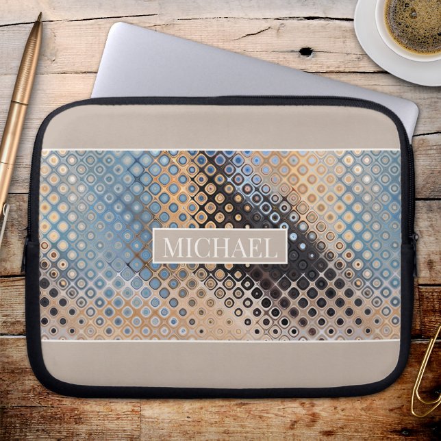 Abstrakt Art Glass Dots Tech Design Laptop sleeve (A modern design laptop sleeve featuring an abstract art glass dots pattern in blue, grey and beige.)