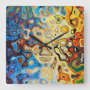 Abstrakt Art Gult Orange Blue Swirls Fyrkantig Klocka