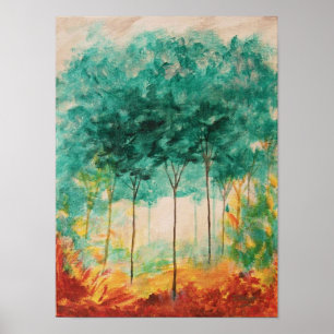 Abstrakt Art Ligcape Träd Painting, Teal, Guld Poster