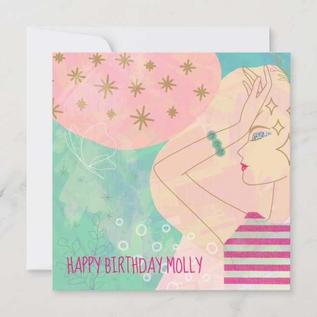 Abstrakt Art Line Teckning Ansikte Teal Grattis på (Framsida)