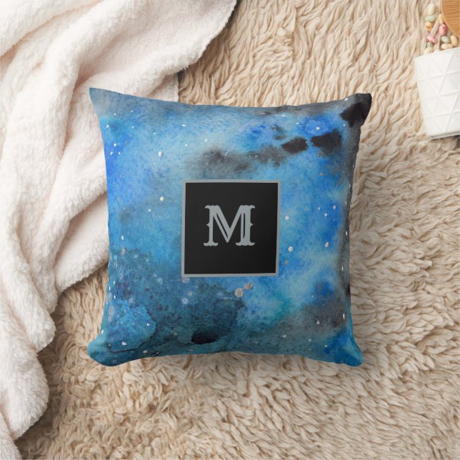 Abstrakt Art Monogram Blue Watercolor Kudde (Filt)