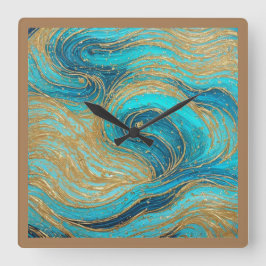 Abstrakt Art Paint Pour Aqua Blues Guld Wall Clock Fyrkantig Klocka