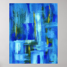 Abstrakt Art Painting Blue Grönt Guld Brushlinjer Poster