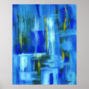 Abstrakt Art Painting Blue Grönt Guld Brushlinjer Poster