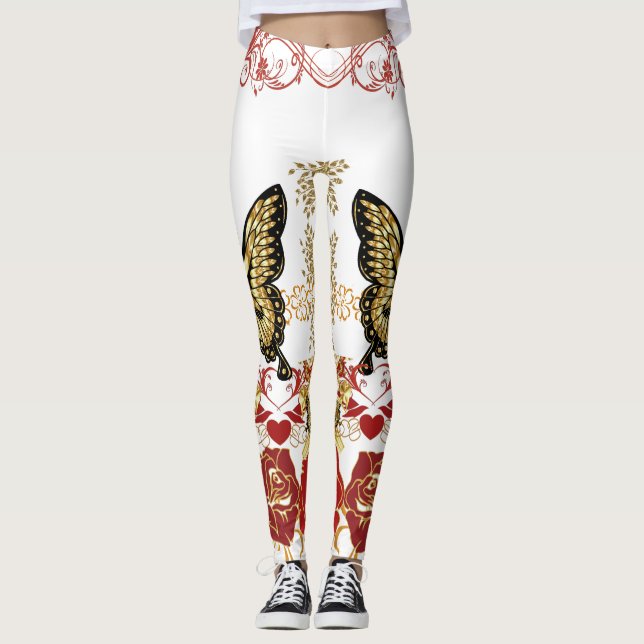 Abstrakt Art Ro Butterfly Sweeping Hearts Guld Leggings (Framsida)