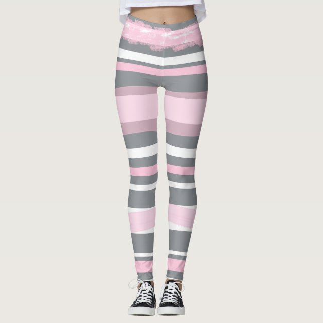 Abstrakt Art Rosa Grått White Linjer Leggings (Framsida)
