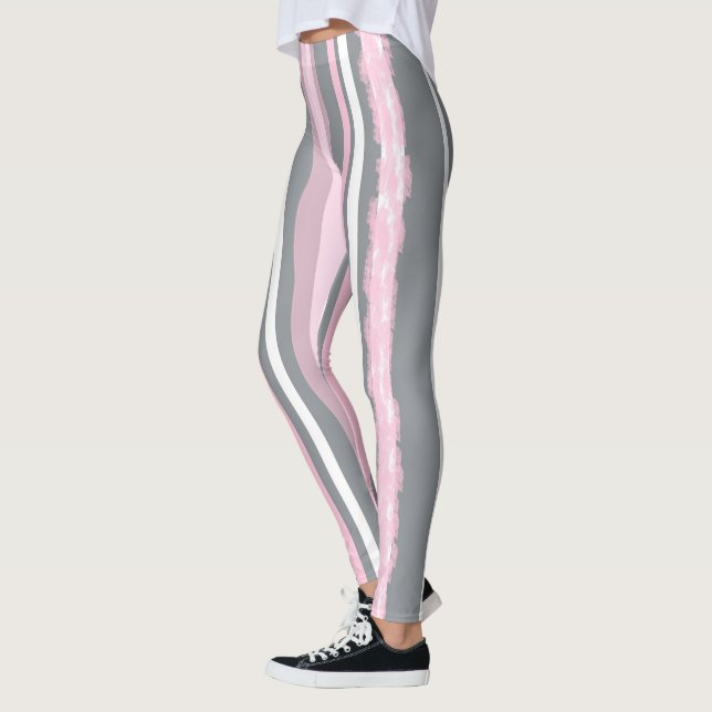 Abstrakt Art Rosa Grått White Linjer Leggings (Vänster)