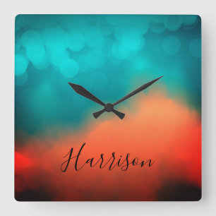 Abstrakt Art-skript Namn Blue Teal Orange Square Fyrkantig Klocka