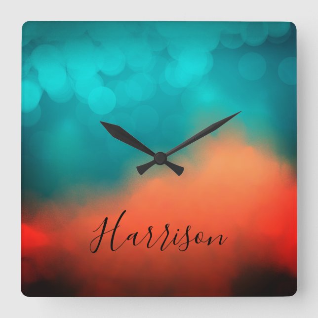 Abstrakt Art-skript Namn Blue Teal Orange Square Fyrkantig Klocka (Framsida)