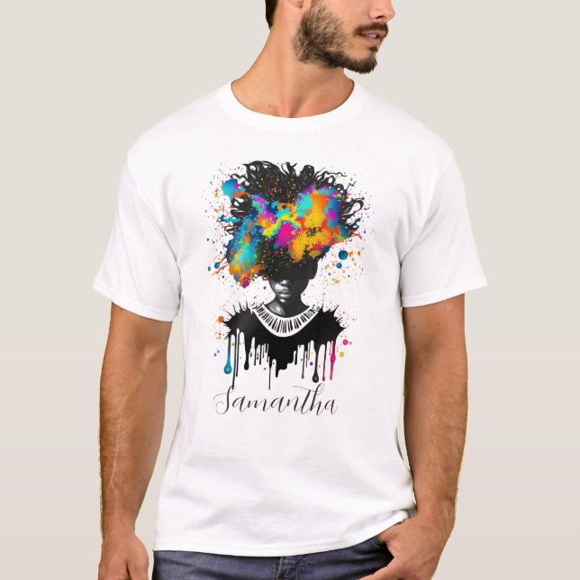 Abstrakt Artist Afro Woman | Svartvit T Shirt (Framsida)