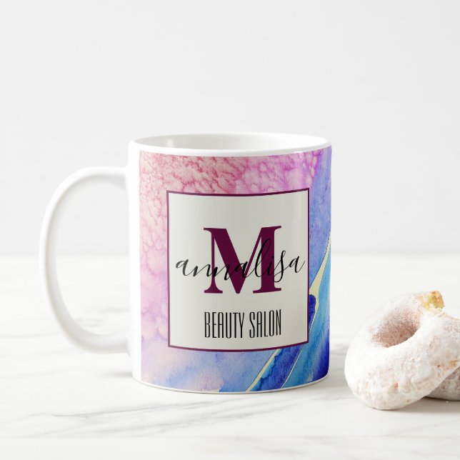 Abstrakt Artistic Blue Rosa Beauty Salon Monogram Kaffemugg (Med munk)