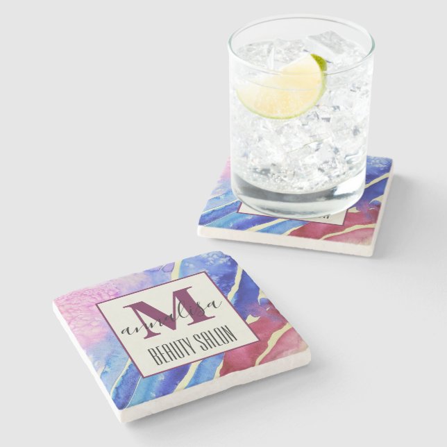 Abstrakt Artistic Blue Rosa Beauty Salon Monogram Stenunderlägg (Sidan)