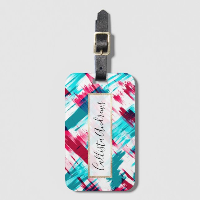 Abstrakt Artsy Rosa Teal Brushstrokes Bagagebricka (Framsida vertikal)