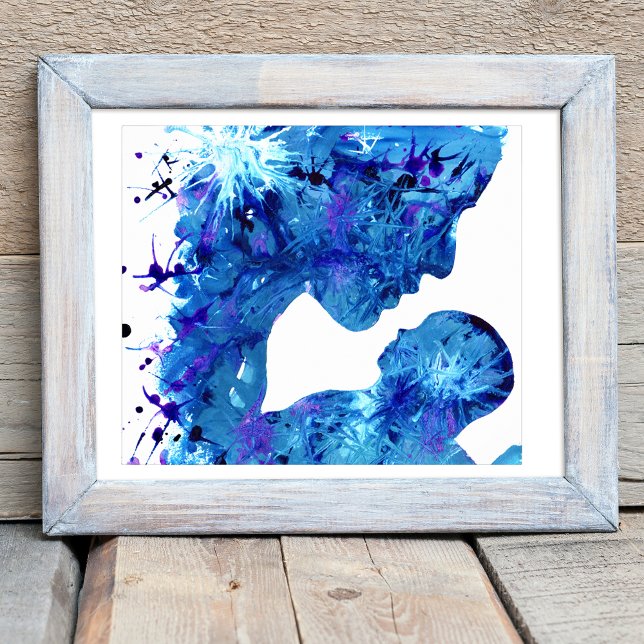 Abstrakt av blå Mor och underordnad vattenfärg Poster (Mother and child modern abstract blue watercolor art poster by artist Catherine Sweetman )
