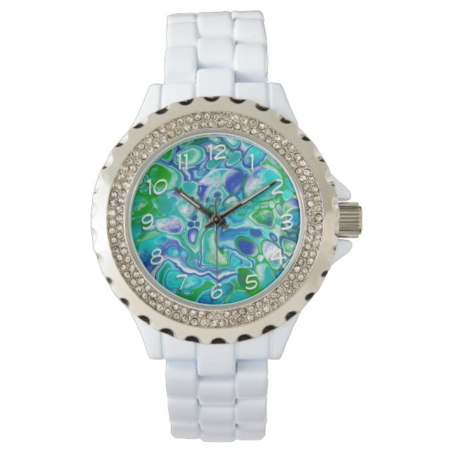 Abstrakt av blå och Grönt marmor Fluid Art Armbandsur (Framsida)