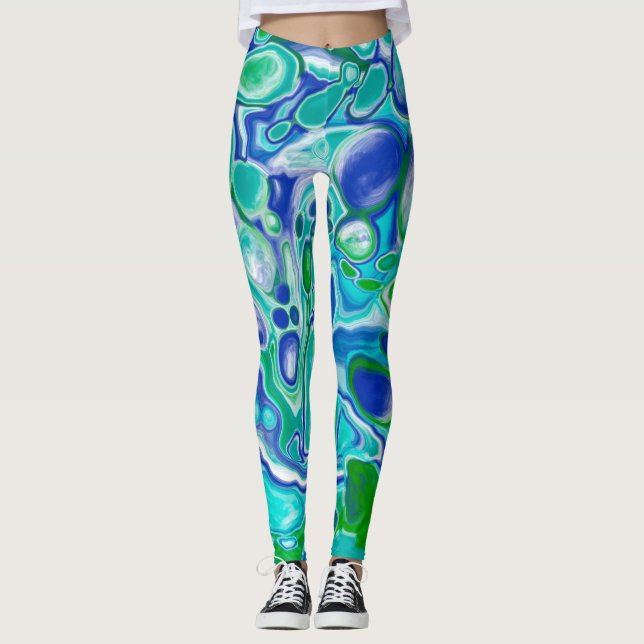 Abstrakt av blå och Grönt marmor Fluid Art Leggings (Framsida)