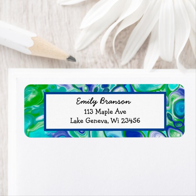 Abstrakt av blå och Grönt marmor Fluid Art Returadress Etikett (Insitu)