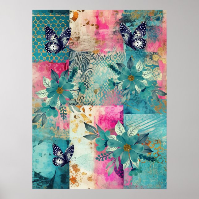 Abstrakt av fet färgstark Boho-Blommigt Butterfly  Poster (Framsidan)
