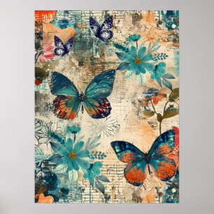 Abstrakt av fet färgstark Boho-Blommigt Butterfly Poster
