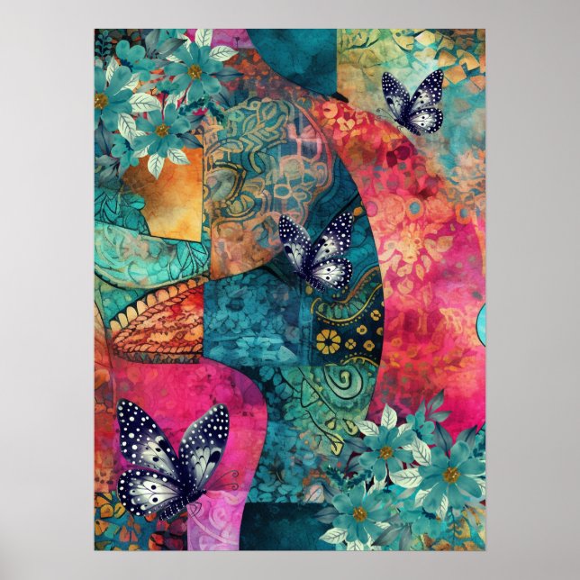 Abstrakt av fet färgstark Boho-Blommigt Butterfly  Poster (Framsidan)