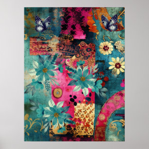 Abstrakt av fet färgstark Boho-Blommigt Butterfly Poster