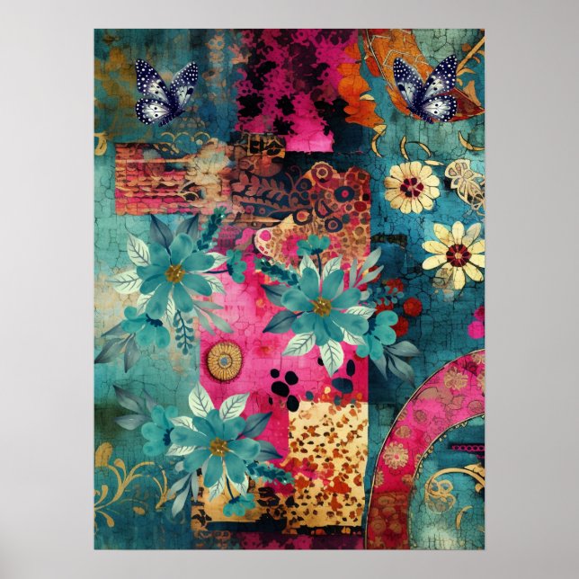 Abstrakt av fet färgstark Boho-Blommigt Butterfly  Poster (Framsidan)
