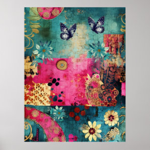 Abstrakt av fet färgstark Boho-Blommigt Butterfly Poster