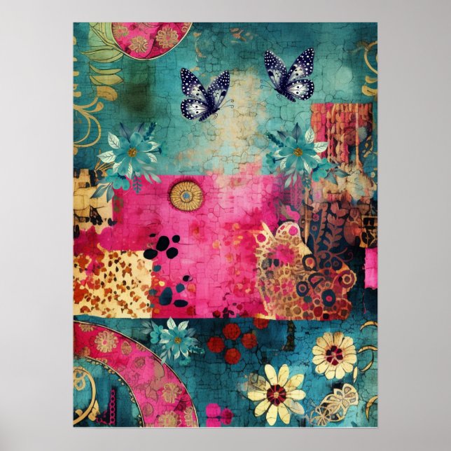 Abstrakt av fet färgstark Boho-Blommigt Butterfly  Poster (Framsidan)