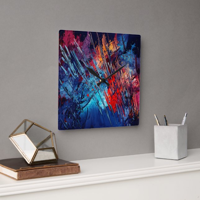 Abstrakt av Fiery Drift Blue Red Contemporary Art Fyrkantig Klocka (Kontor)