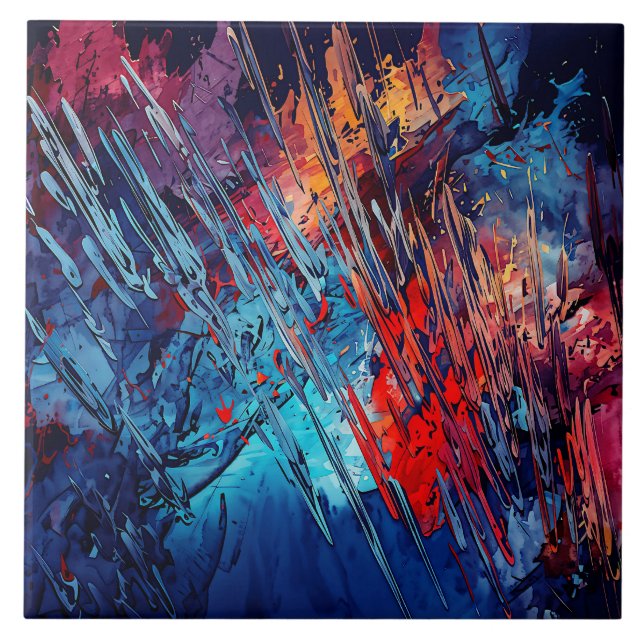 Abstrakt av Fiery Drift Blue Red Contemporary Art Kakelplatta (Framsidan)