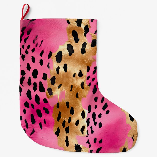 Abstrakt av Girly Rosa Guld Glam Leopard Print  Stor Julstrumpa (Framsidan)