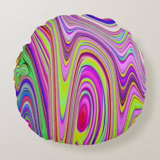 Abstrakt av Gult och Rosa Groovy Retro Art Rund Kudde (Framsidan)