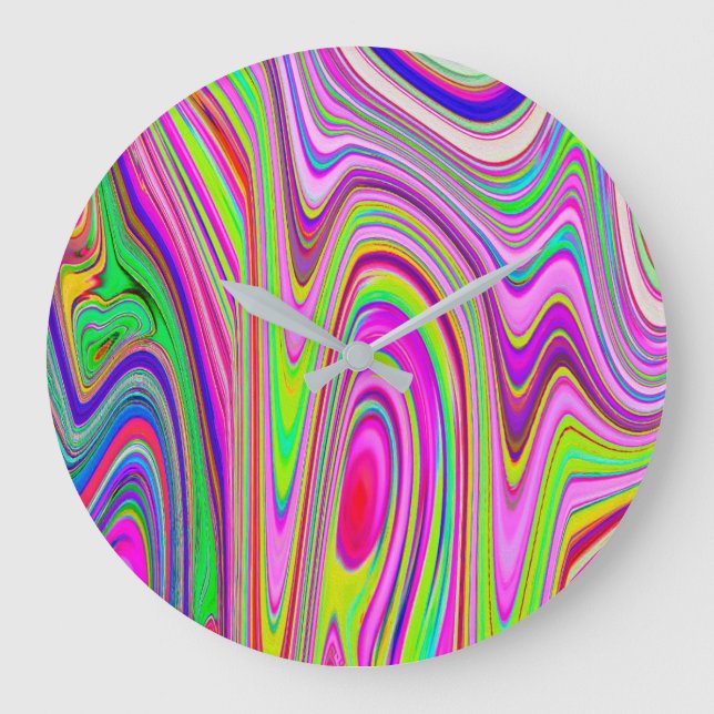 Abstrakt av Gult och Rosa Groovy Retro Art Stor Klocka (Framsida)