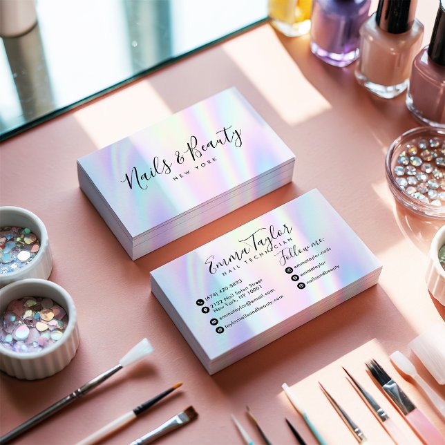 Abstrakt av salonskript holografiskt glam visitkort (Salon script holographic glam abstract iridescent)